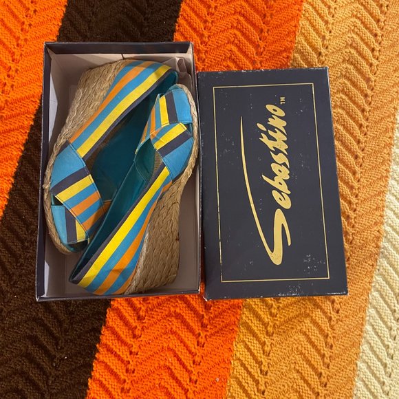 1970s style Y2K ralph lauren striped peep toe wedges! - Picture 5 of 14